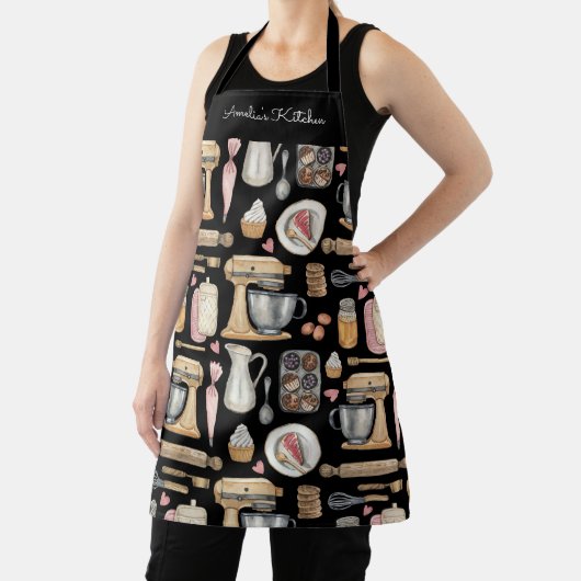 Watercolor Baking Tools Pattern Black Schürze (InSitu)