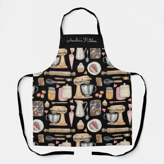 Watercolor Baking Tools Pattern Black Schürze (Vorderseite)