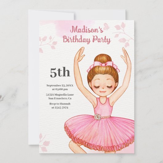 Watercolor Ballerina Birthday Einladung (Vorderseite)
