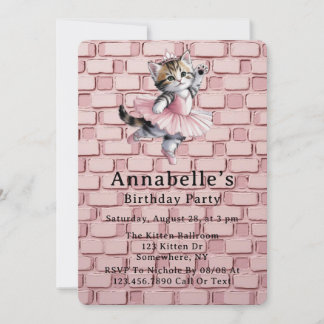 Watercolor Ballerina Kitten Girl Birthday Party Einladung