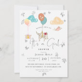 Watercolor Balloon Puppy Baby Girl Dusche Einladung (Vorderseite)