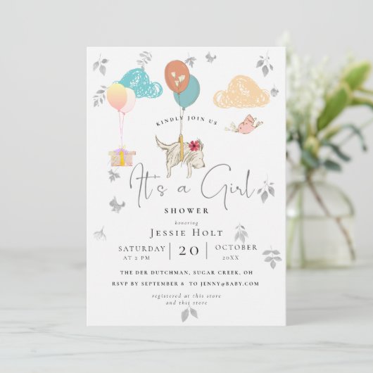 Watercolor Balloon Puppy Baby Girl Dusche Einladung (Stehend Vorderseite)