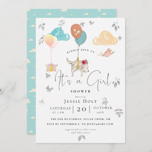 Watercolor Balloon Puppy Baby Girl Dusche Einladung (Vorne/Hinten)