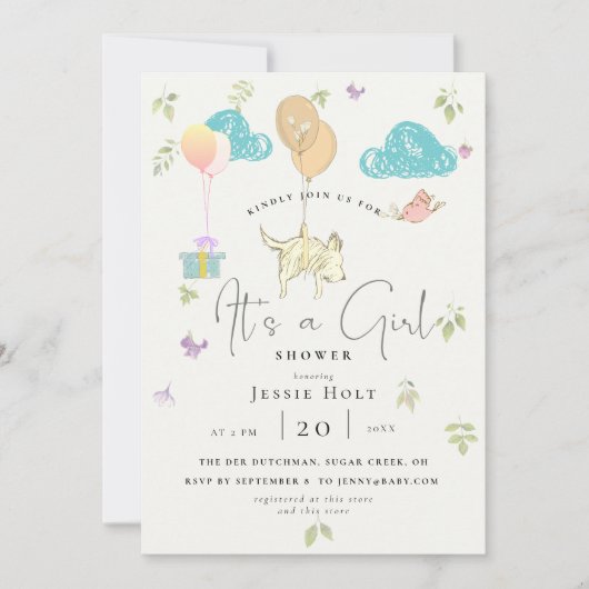 Watercolor Balloon Puppy Baby Girl Dusche Einladung (Vorderseite)