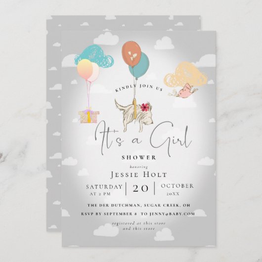 Watercolor Balloon Puppy Baby Girl Shower Einladung (Vorne/Hinten)