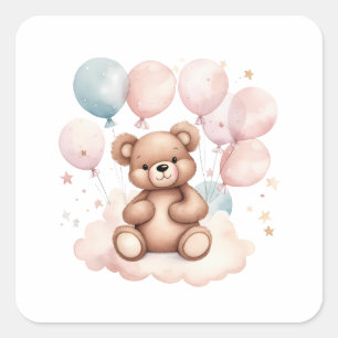 Watercolor Balloon Teddy Bear Quadratischer Aufkleber