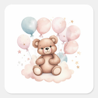 Watercolor Balloon Teddy Bear Quadratischer Aufkleber