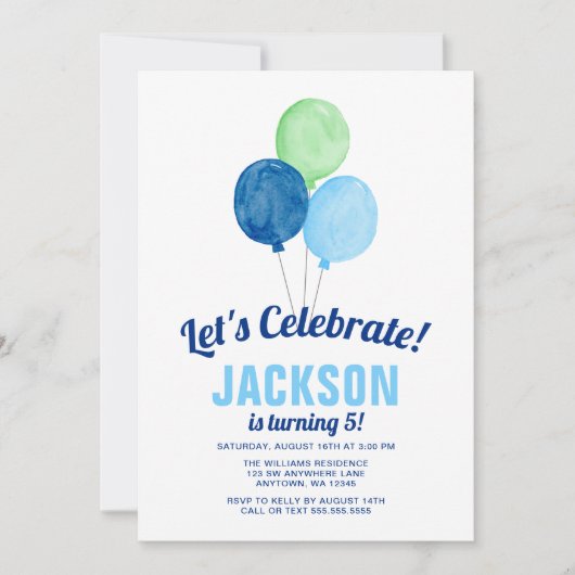 Watercolor Balloons Boy Birthday Einladungen (Vorderseite)