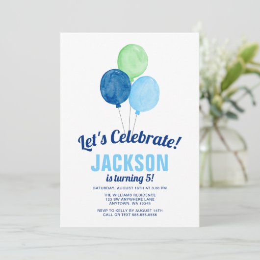 Watercolor Balloons Boy Birthday Einladungen (Stehend Vorderseite)
