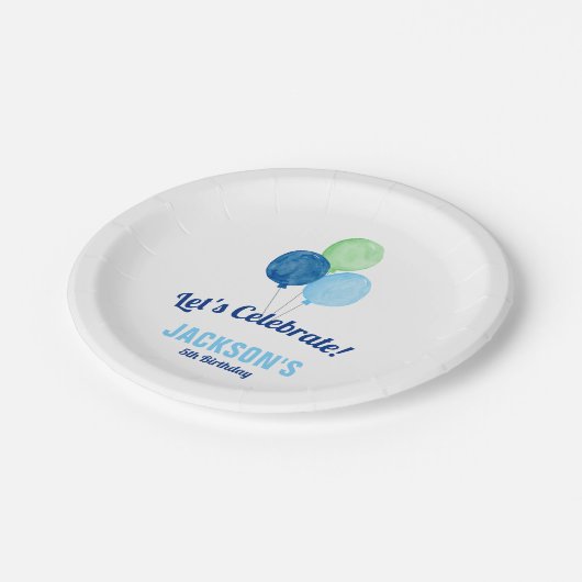 Watercolor Balloons Boy Birthday Pappteller (Schrägansicht)