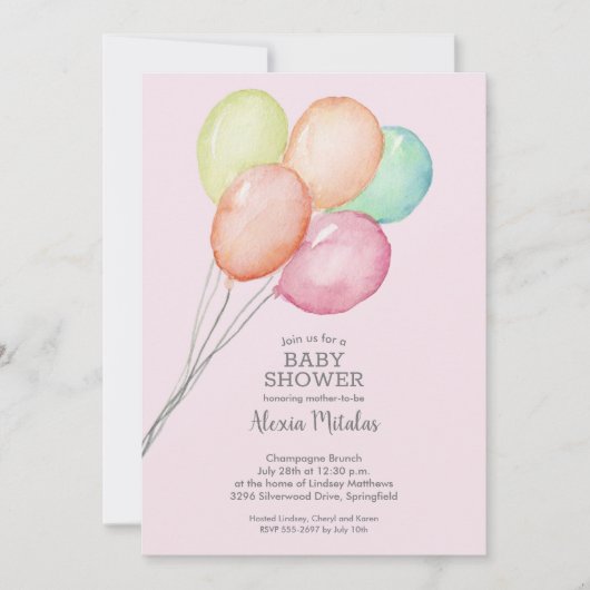 Watercolor Balloons Girl Baby Dusche Einladung (Vorderseite)