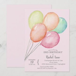 Watercolor Balloons Girl's 2. Geburtstag Einladung