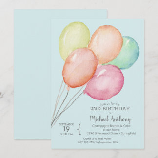 Watercolor Balloons Junge 2. Geburtstag Einladung