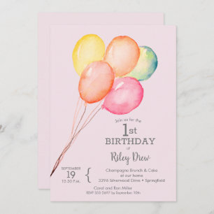 Watercolor Balloons Pink 1. Geburtstag Einladungen