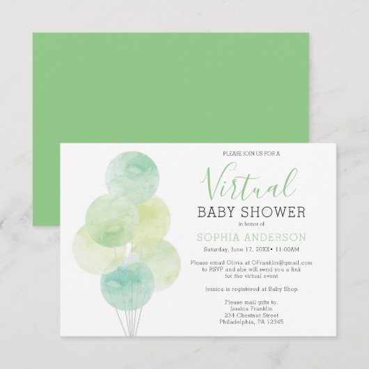 Watercolor Balloons Virtual Baby Dusche Einladung (Vorne/Hinten)