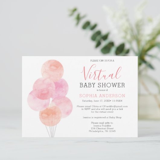 Watercolor Balloons Virtual Baby Dusche Einladung (Stehend Vorderseite)