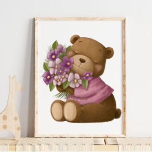 Watercolor-Bär-Blumen   Bär-Wandbild Poster