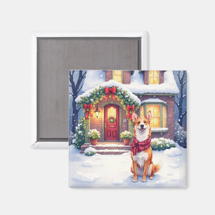 Watercolor-Basenji-Reihenhaus-Weihnachtsfeiertag Magnet