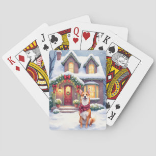 Watercolor-Basenji-Reihenhaus-Weihnachtsfeiertag Spielkarten