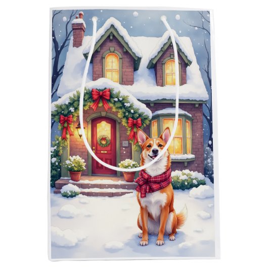 Watercolor Basenji Townhouse Christmas Holiday Mittlere Geschenktüte (Vorderseite)