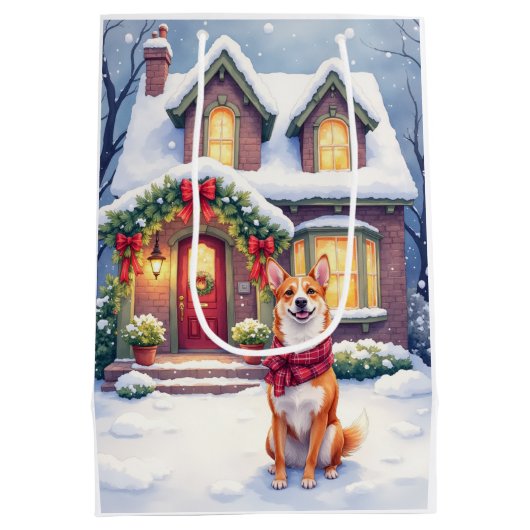 Watercolor Basenji Townhouse Christmas Holiday Mittlere Geschenktüte (Rückseite)