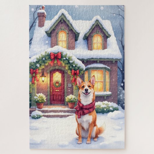 Watercolor Basenji Townhouse Christmas Holiday Puzzle (Vertikal)