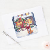 Watercolor Basenji Townhouse Christmas Holiday Quadratischer Aufkleber (Umschlag)