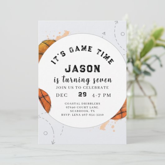 Watercolor Basketball Birthday Invitation Einladung (Stehend Vorderseite)