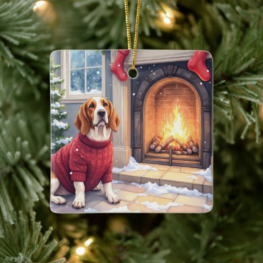 Watercolor Basset Hound Cozy Fireplace Christmas Keramikornament (Baum)