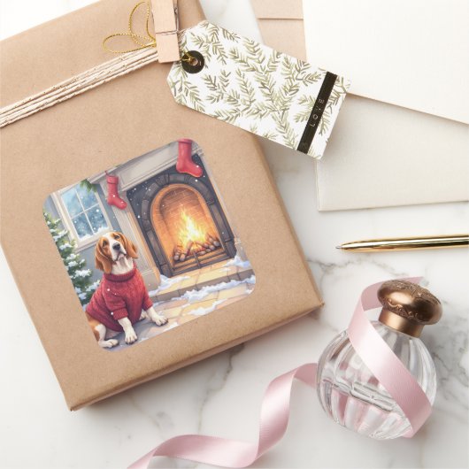 Watercolor Basset Hound Cozy Fireplace Christmas Quadratischer Aufkleber (Schenken)