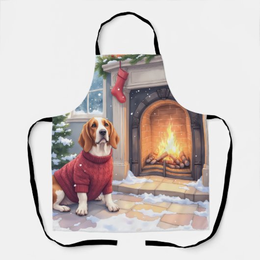 Watercolor Basset Hound Cozy Fireplace Christmas Schürze (Vorderseite)