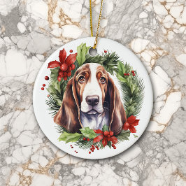 Watercolor Basset Hound Wreath Weihnachten Keramik Ornament