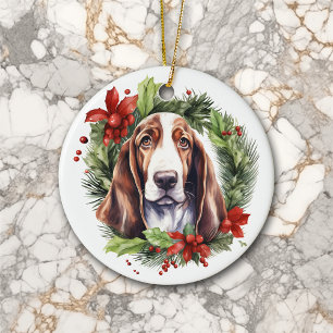 Watercolor Basset Hound Wreath Weihnachten Keramik Ornament
