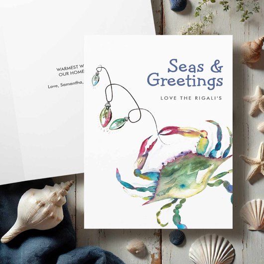 Watercolor Beach Christmas Cards Blue Crab Dankeskarte