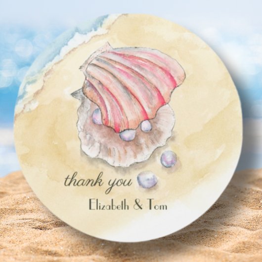 Watercolor Beach Clam & Pearls Bridal Vielen Dank Runder Aufkleber