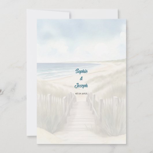 Watercolor Beach, Coastal New England Wedding Einladung (Rückseite)