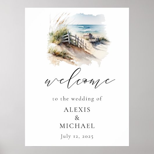 Watercolor Beach Coastal Wedding Willkommenszeiche Poster (Vorne)