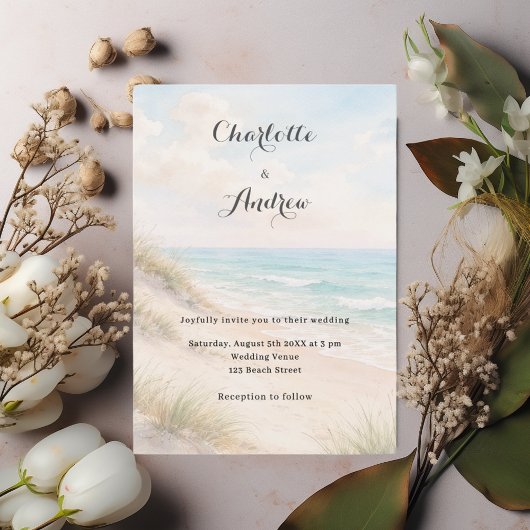 Watercolor beach coatal modern wedding einladung