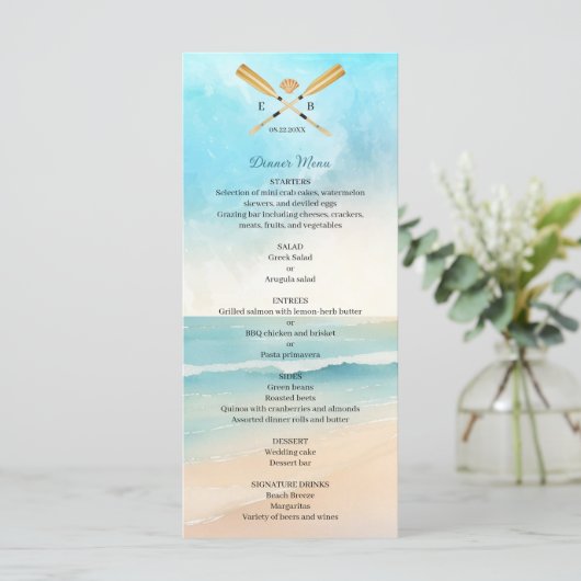 Watercolor Beach Oars Wedding Menükarte (Stehend Vorderseite)