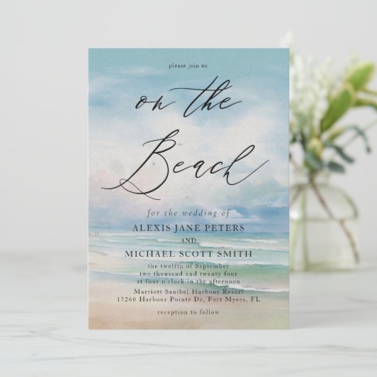 Watercolor Beach Ocean Coastal Wedding Einladung (Stehend Vorderseite)