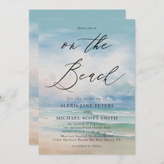 Watercolor Beach Ocean Coastal Wedding Einladung (Vorne/Hinten)