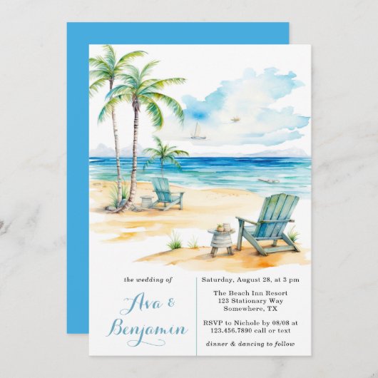 Watercolor Beach Scene Wedding Einladung (Vorne/Hinten)