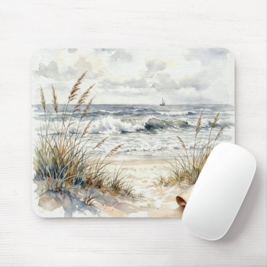 Watercolor Beach Scene with Curled Page Mousepad (Mit Mouse)