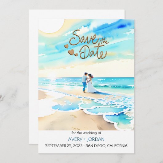 Watercolor Beach: Summer Wedding Save the Date Einladung (Vorne/Hinten)