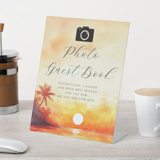 Watercolor Beach Sunset Foto Gästebuch Sockelschild (In SItu)