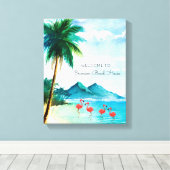 Watercolor Beach Tropical Blue Green Flamingo Leinwanddruck (Insitu (Holzboden))