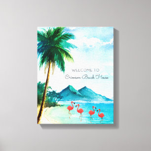 Watercolor Beach Tropical Blue Green Flamingo Leinwanddruck