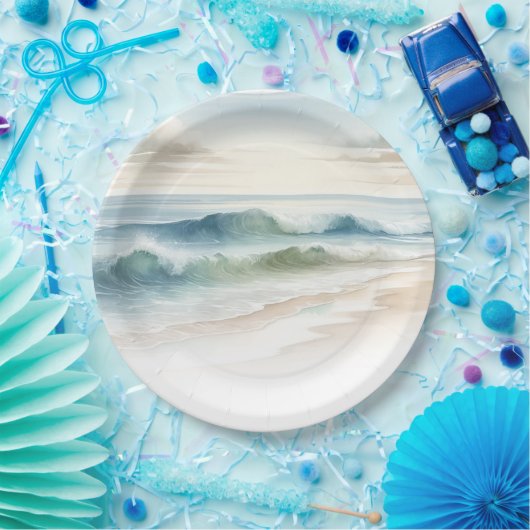 Watercolor Beach Waves Rustikale Küstenhochzeit Pappteller (Party)
