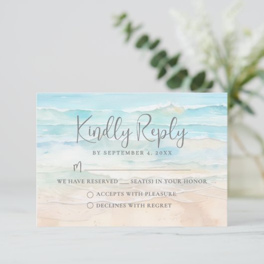 Watercolor Beach Wedding RSVP Reply Card (Stehend Vorderseite)