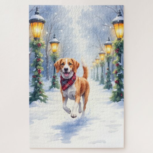 Watercolor Beagle Snowy Park Christmas Holiday Puzzle (Vertikal)